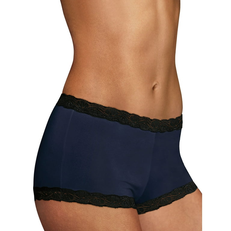 Women's Maidenform 40760 Classics Microfiber and Lace Boyshort Panty (Navy  with Black 5) 