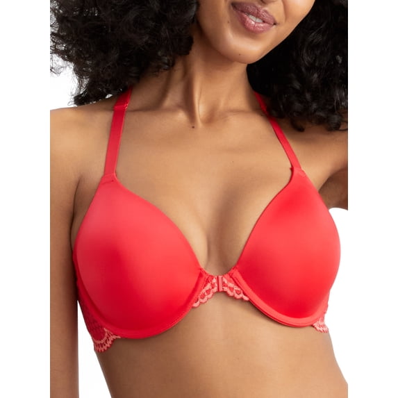 Women's Maidenform 7112 One Fab Fit Extra Coverage Lace T-Back Bra (Red Stone/Coral Punch 36D)