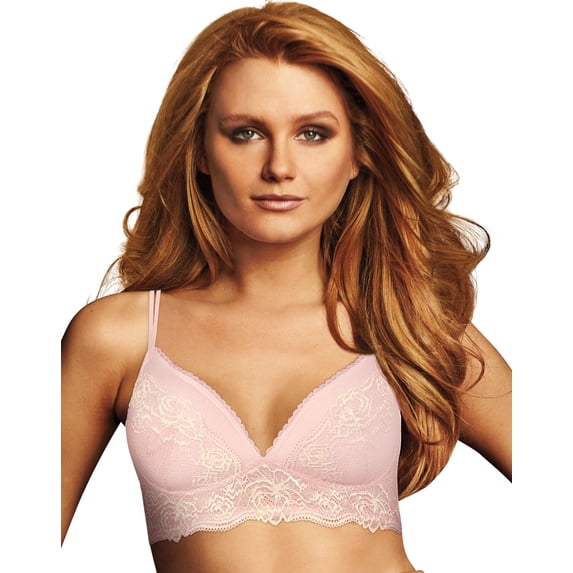 Women's Maidenform DM1178 Casual Comfort Wirefree Lace Bralette (Pink Pirouette/ Ivory 36C)