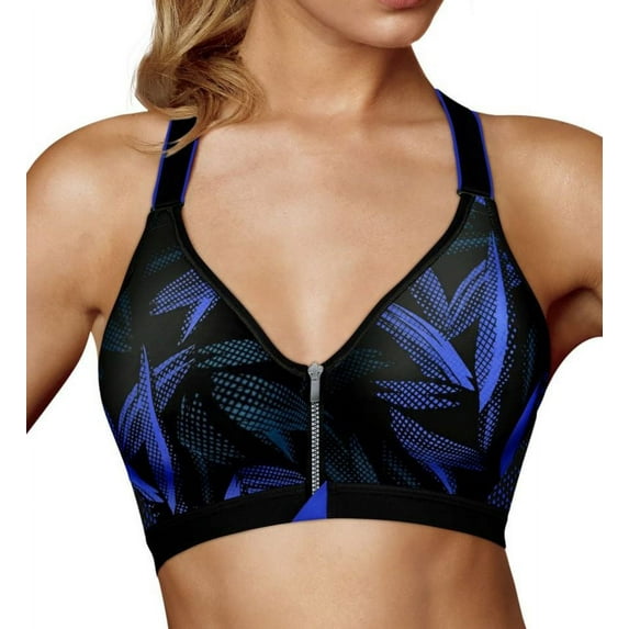 Women's Maidenform DM7991 Secure Zip Front Underwire Racerback Sports Bra (Sporty Palm/PalaceBlue 38B)