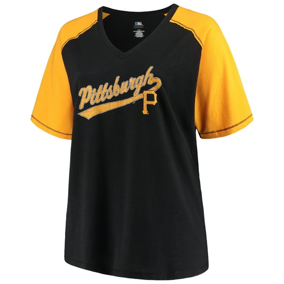 Women's Majestic Black/Gold Pittsburgh Pirates Plus Size High Percentage Raglan V-Neck T-Shirt