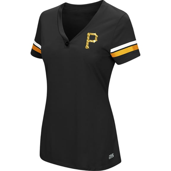 Women's Majestic Black Pittsburgh Pirates Plus Size Sparkling Fun Button V-Neck T-Shirt