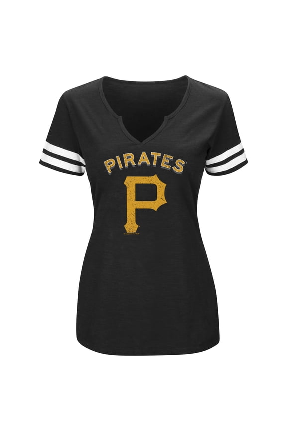 Women's Majestic Black/White Pittsburgh Pirates Decisive Moment V-Notch T-Shirt