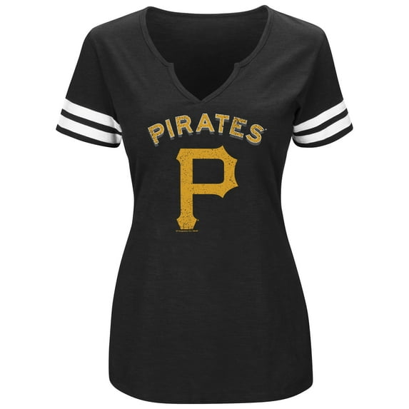Women's Majestic Black/White Pittsburgh Pirates Decisive Moment V-Notch T-Shirt