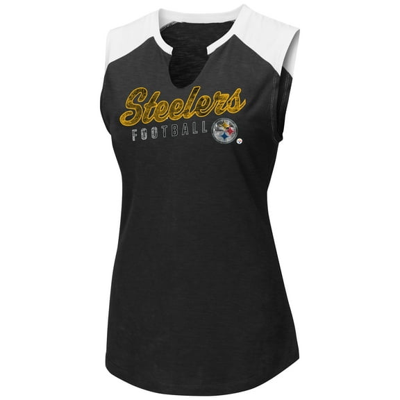 Women's Majestic Black/White Pittsburgh Steelers V-Notch Muscle Tank Top