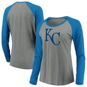 Women's Majestic Heathered Gray/Royal Kansas City Royals Must Win Tri-Blend Raglan Long Sleeve T-Shirt