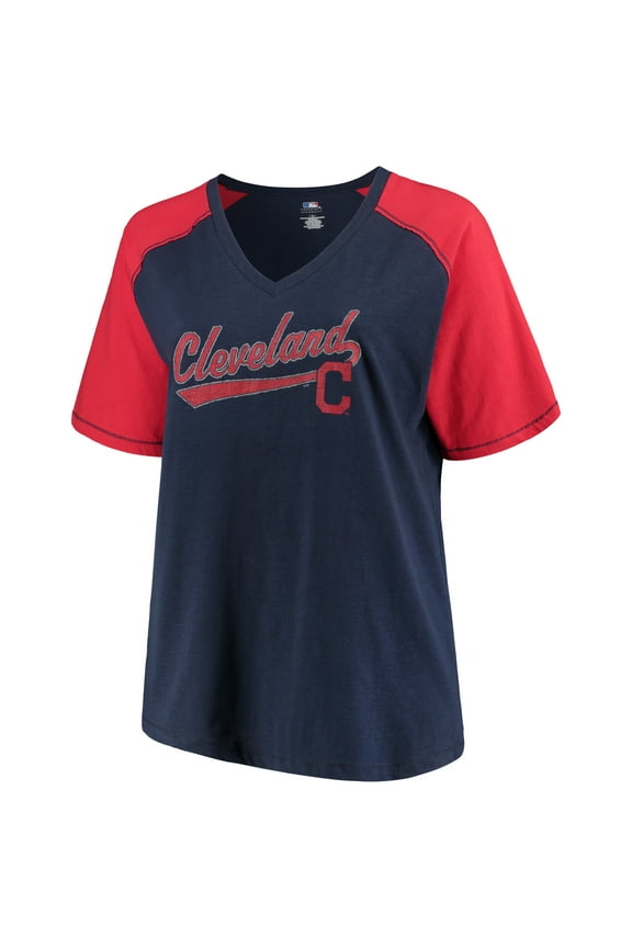 Women's Majestic Navy/Red Cleveland Indians Plus Size High Percentage Raglan V-Neck T-Shirt
