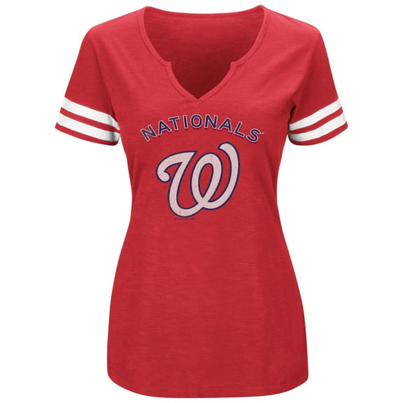 Women's Majestic Red/White Washington Nationals Decisive Moment V-Notch T-Shirt