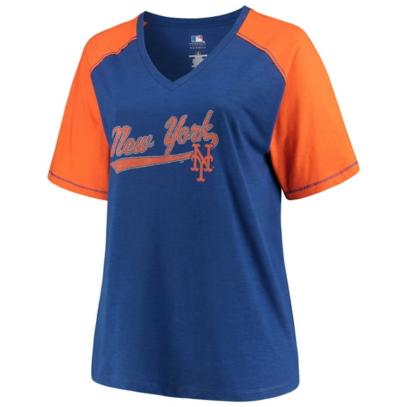 Women's Majestic Royal/Orange New York Mets Plus Size High Percentage Raglan V-Neck T-Shirt