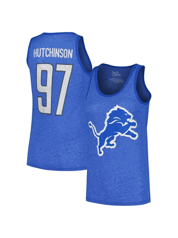 Women's Majestic Threads Aidan Hutchinson Heather Blue Detroit Lions Name & Number Tri-Blend Tank Top