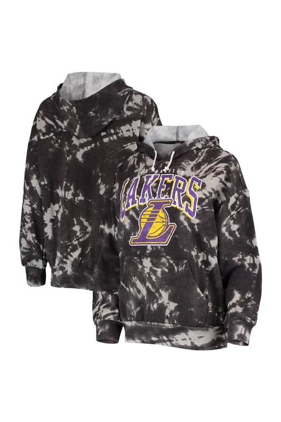 Women's Majestic Threads Black Los Angeles Lakers Burble Tie-Dye Tri-Blend Pullover Hoodie