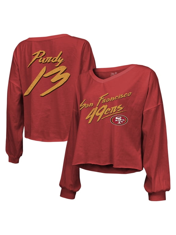 Women's Majestic Threads Brock Purdy Scarlet San Francisco 49ers Name & Number Off-Shoulder Script Cropped Long Sleeve