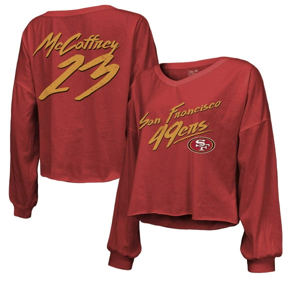 Women's Majestic Threads Christian McCaffrey Scarlet San Francisco 49ers Name & Number Off-Shoulder Script Cropped Long