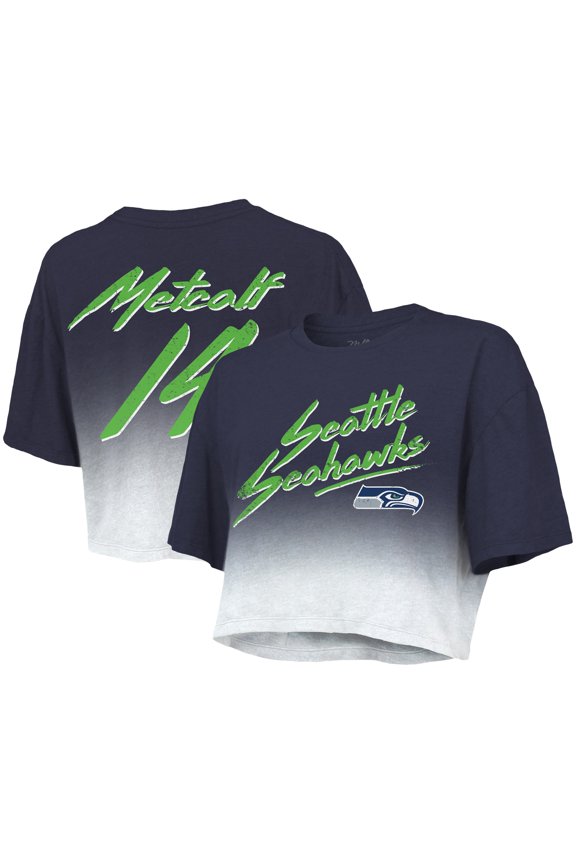 Women's Majestic Threads DK Metcalf Navy/White Seattle Seahawks Dip-Dye Player Name & Number Crop Top