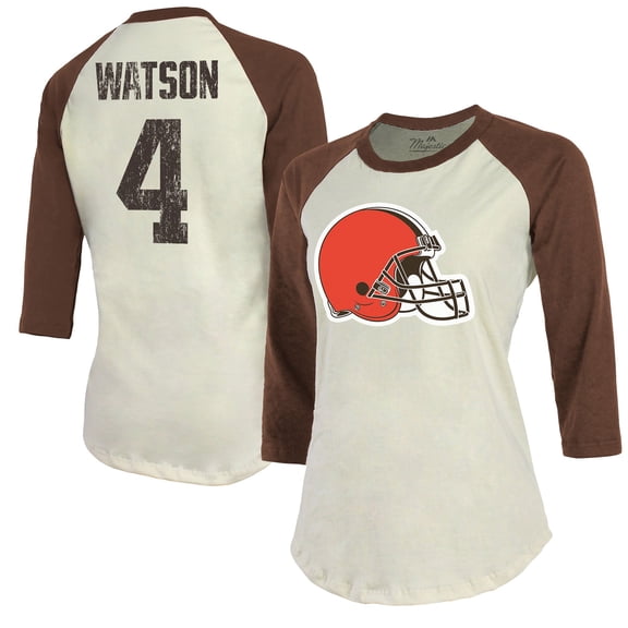 Women's Majestic Threads Deshaun Watson Cream Cleveland Browns Player Name & Number Tri-Blend Three-Quarter Sleeve