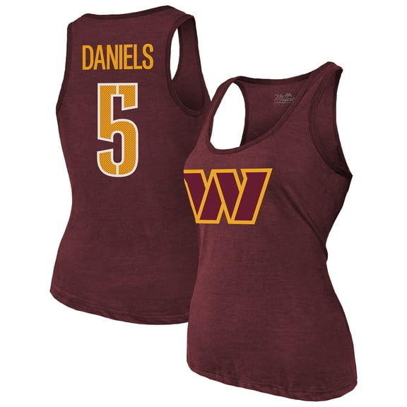 Women's Majestic Threads Jayden Daniels Burgundy Washington Commanders Name & Number Tri-Blend Scoop Neck Tank Top