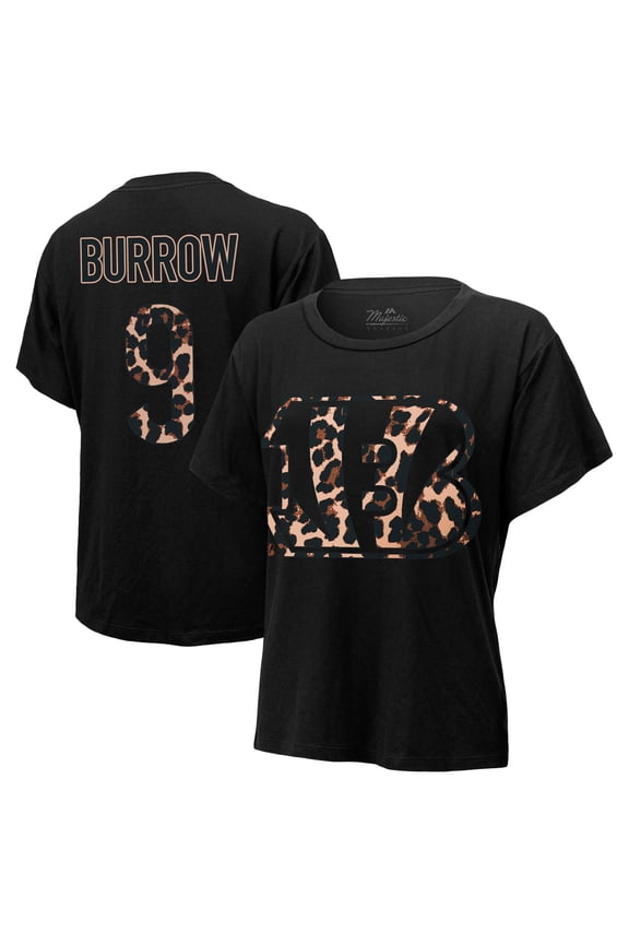 Women's Majestic Threads Joe Burrow Black Cincinnati Bengals Leopard Player Name & Number T-Shirt