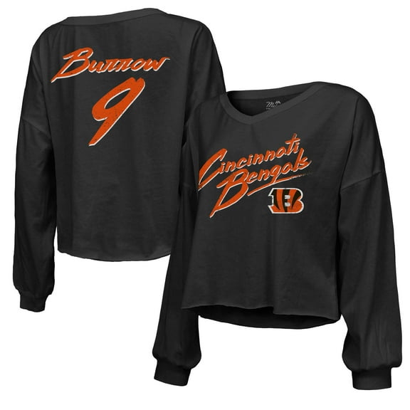 Women's Majestic Threads Joe Burrow Black Cincinnati Bengals Name & Number Off-Shoulder Script Cropped Long Sleeve