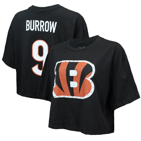 Women's Majestic Threads Joe Burrow Black Cincinnati Bengals Swarovski Crystals Boxy Cropped Name & Number T-Shirt