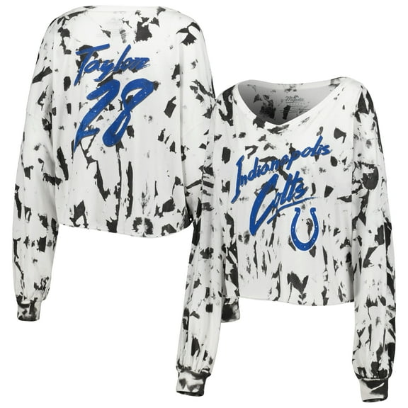 Women's Majestic Threads Jonathan Taylor White Indianapolis Colts Off-Shoulder Tie-Dye Name & Number Cropped Long Sleeve