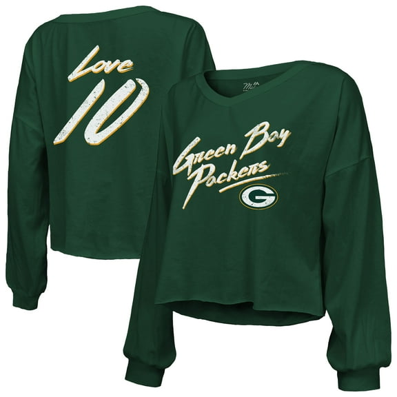 Women's Majestic Threads Jordan Love Green Green Bay Packers Name & Number Off-Shoulder Script Cropped Long Sleeve