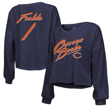 Women's Majestic Threads Justin Fields Navy Chicago Bears Name & Number Off-Shoulder Script Cropped Long Sleeve V-Neck