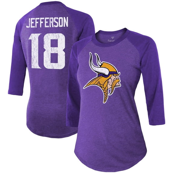 Women's Majestic Threads Justin Jefferson Purple Minnesota Vikings Player Name & Number Tri-Blend 3/4-Sleeve Fitted