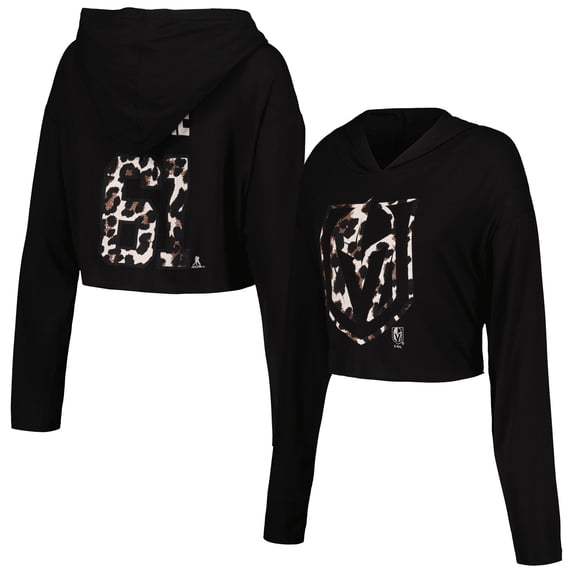 Women's Majestic Threads Mark Stone-Black Vegas Golden Knights Leopard Print Name & Number Cropped Pullover Hoodie