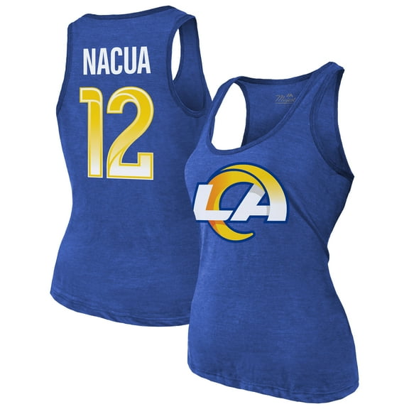 Women's Majestic Threads Puka Nacua Royal Los Angeles Rams Name & Number Tri-Blend Scoop Neck Tank Top