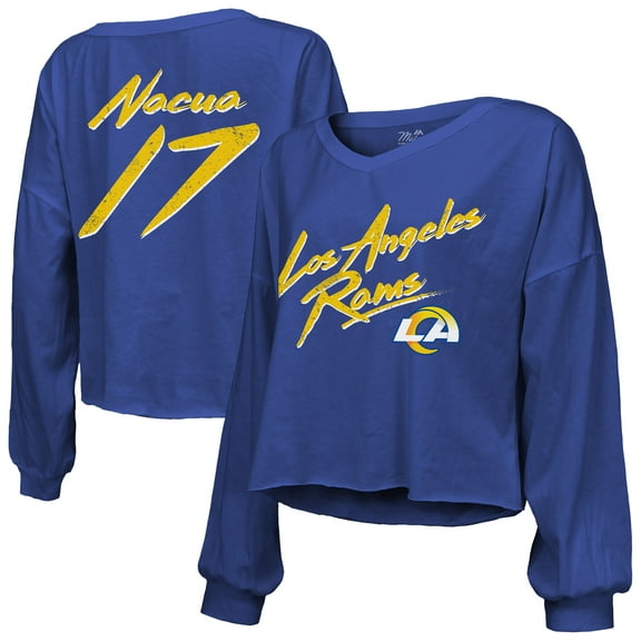 Women's Majestic Threads Puka Nacua Royal Los Angeles Rams Off-Shoulder Script Player Name & Number Cropped Long Sleeve