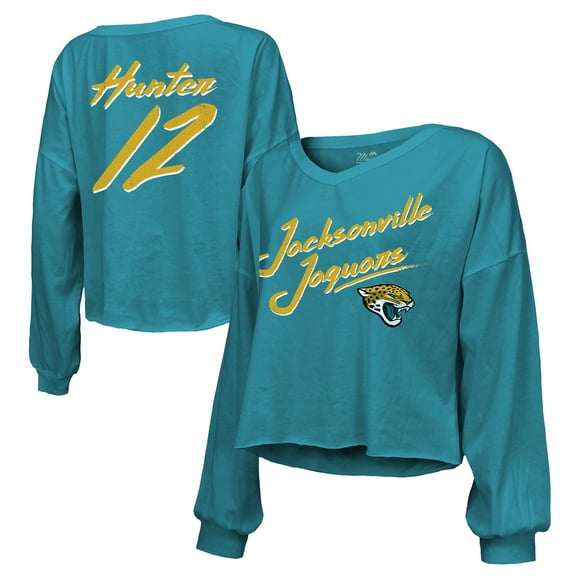 Women's Majestic Threads Travis Hunter Teal Jacksonville Jaguars Name & Number Off-Shoulder Script Cropped Long Sleeve