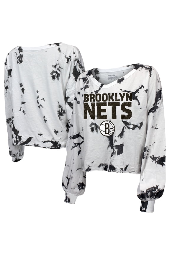 Women's Majestic Threads White/Black Brooklyn Nets Aquarius Tie-Dye Cropped V-Neck Long Sleeve T-Shirt