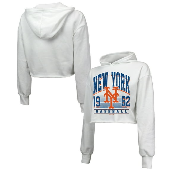 Women's Majestic Threads White New York Mets Cropped Have A Field Day Tri-Blend Hoodie