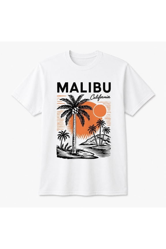 Women’s Malibu California Palm Sunset Graphic Tee, Cotton Short Sleeve Shirt