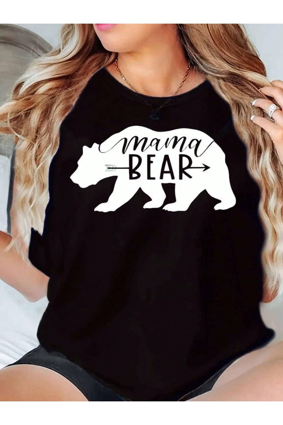 Women's Mama Bear Graphic T-shirt Retro Bear Silhouette Short Sleeve Casual Cotton Blend Top Mother's Day Gift Fashion Black Tee