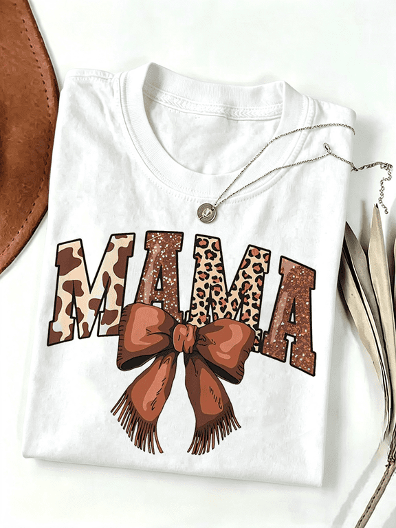 Women's Mama Leopard Cow Print Bow Graphic T-Shirt, Casual Short Sleeve Mother's Day Gift Tee