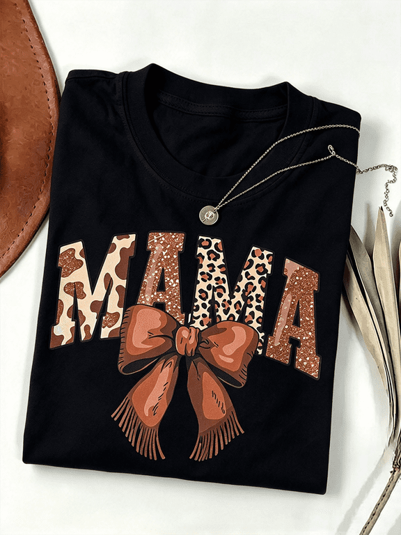 Women's Mama Leopard Cow Print Bow Graphic T-Shirt, Casual Short Sleeve Mother's Day Gift Tee