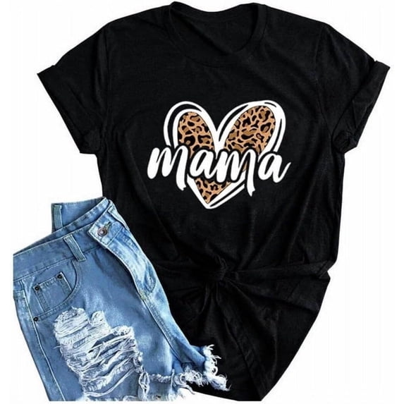 Women's Mama Leopard Heart Graphic T-Shirt Retro Casual Short Sleeve Cotton Tee Mother's Day Gift Idea Black
