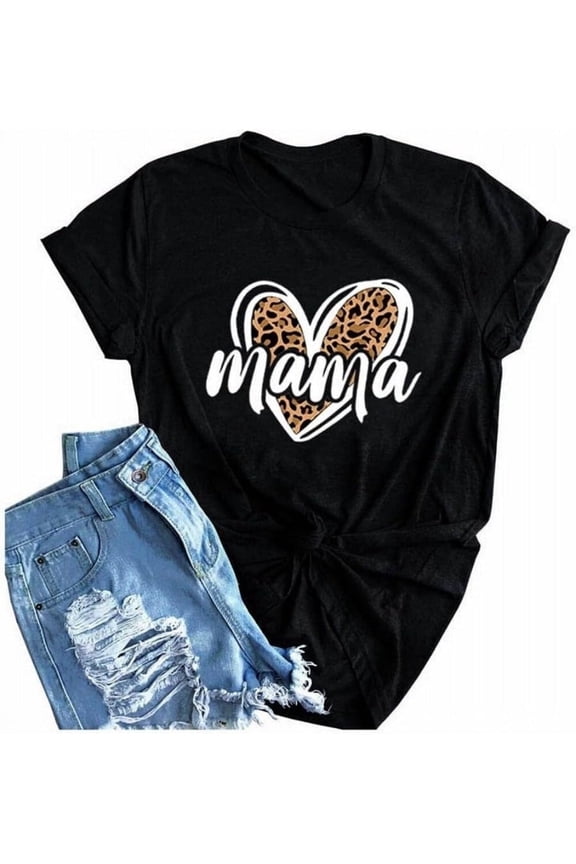 Women's Mama Leopard Heart Graphic T-Shirt Retro Casual Short Sleeve Cotton Tee Mother's Day Gift Idea Black