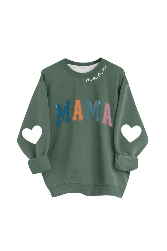 Women's Mama Printed Crewneck Sweatshirt Long Sleeve Drop Shoulder Heart Graphic Casual Loose Fit Tops (XL, Army Green)