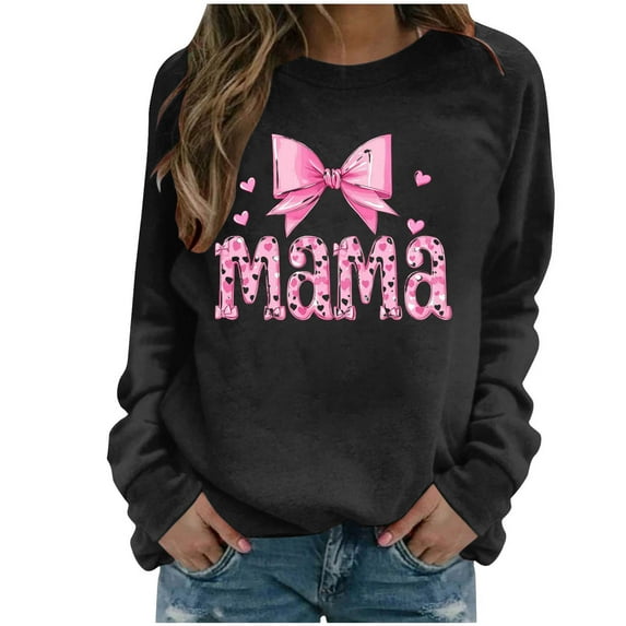 Women's Mama Printed Crewneck Sweatshirt Long Sleeve fashion Graphic Casual Pullover Tops for Daily Wear (L, Black)