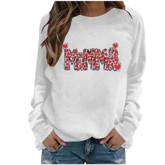Women's Mama Printed Crewneck Sweatshirt Long Sleeve fashion Graphic Casual Pullover Tops for Daily Wear (XL, White)