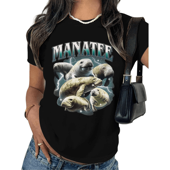 Women's Manatee Pack Graphic Comfortable T Shirt Casual Breathable Short Sleeve Round Neck Top Black S-5XL
