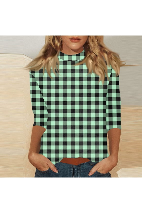 Women's Mandarin Collar 3/4 Sleeve Blouse - Stand Collar Top with All-Over Floral/Polka Dot/Plaid Print, Unique Style Green 3XL