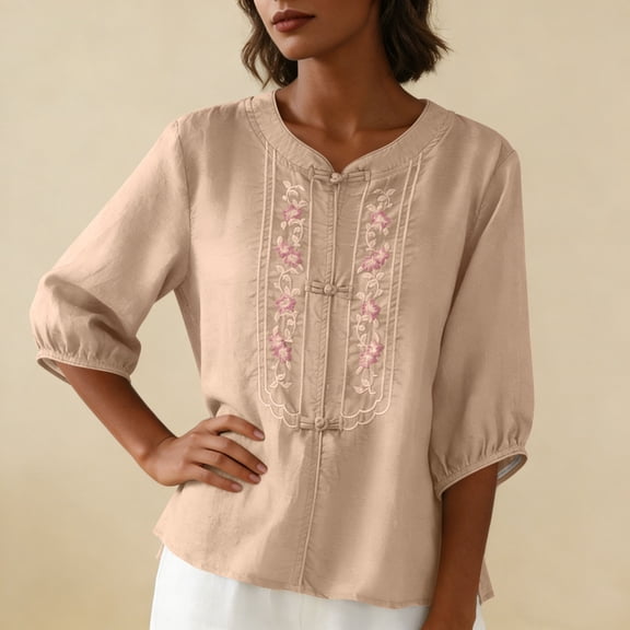 Women's Mandarin Collar Blouse Floral Embroidery Shirts with Frog Button Elegant Elbow Length Sleeve Top, Tops Coffee 2XL