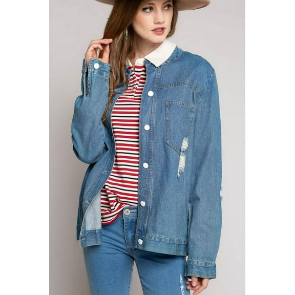 Women's Mandarin Collar Distressed Button Down Denim Jean Jacket - LG