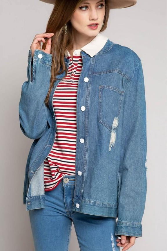 Women's Mandarin Collar Distressed Button Down Denim Jean Jacket - LG
