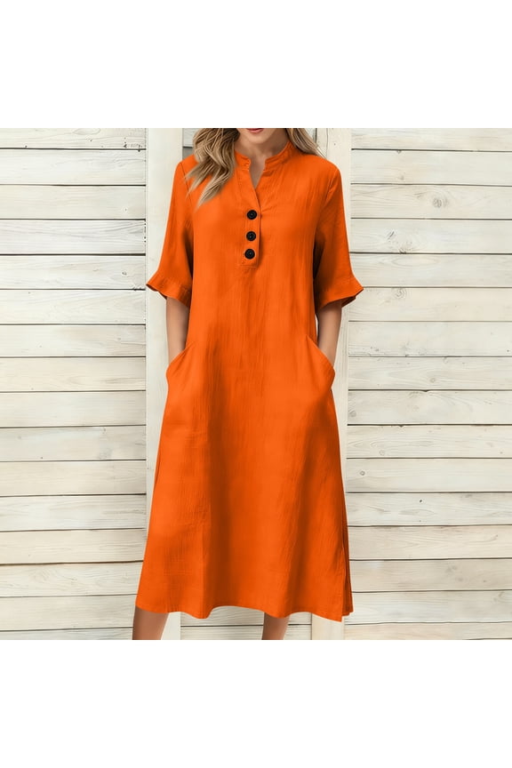 Women's Mandarin Collar Dress, Button Down Short Sleeve Loose Dress, Relaxed Boho Dress for Cultural Events or Daily, Orange - L