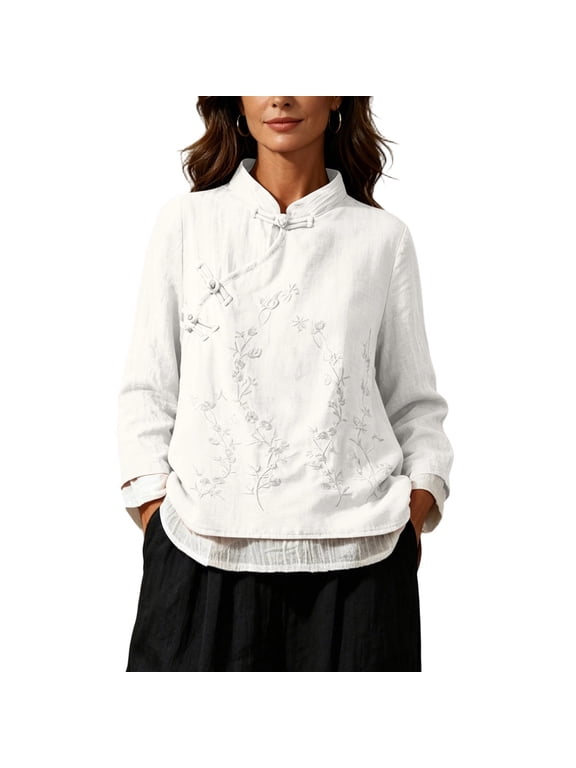 Women's Mandarin Collar Top Frog Button Asymmetrical Embroidered Relaxed Vacation Casual Blouse