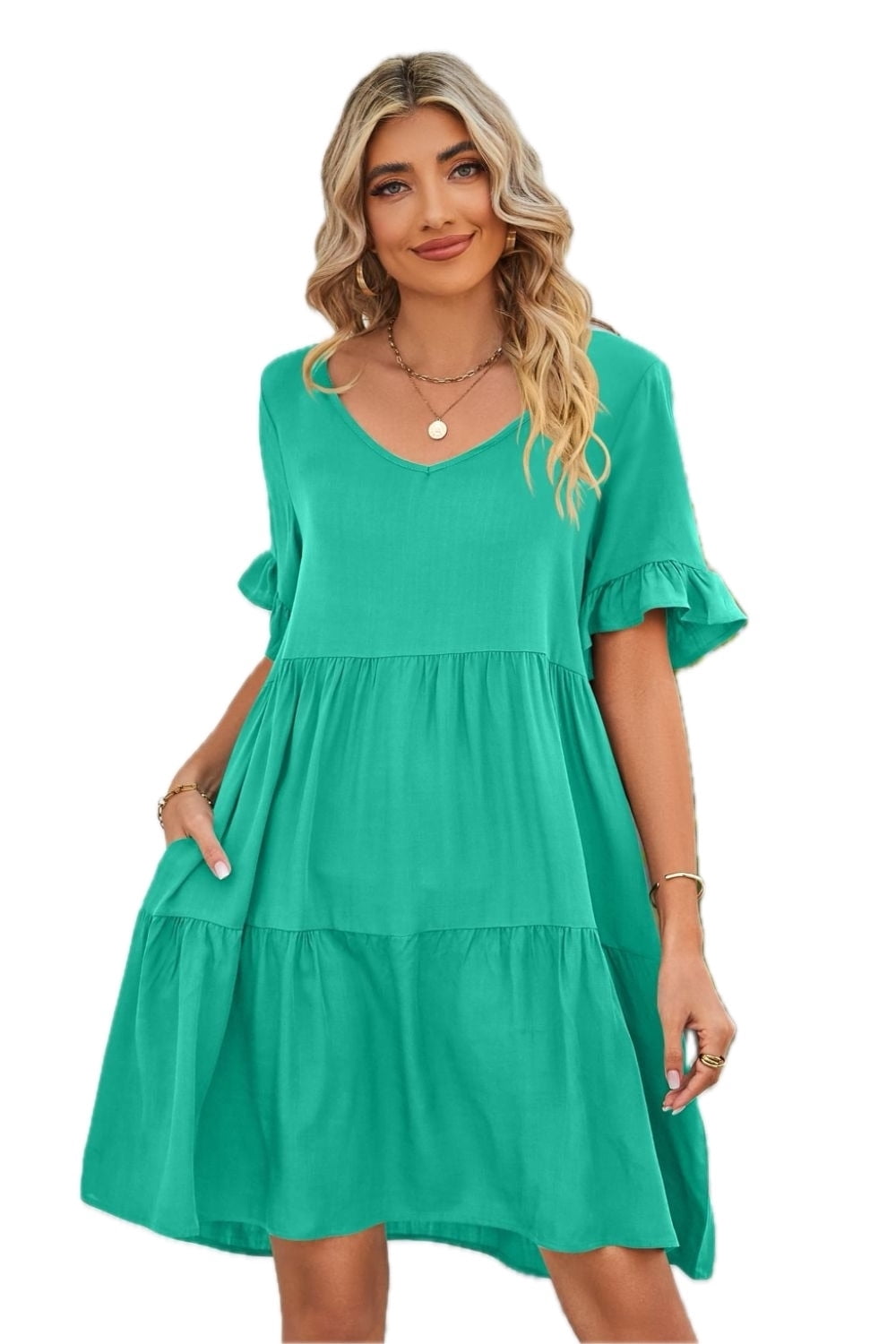 chinese dress ladies V-Neck Flounce Sleeve Tiered Dress